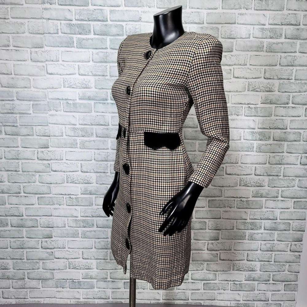 Vintage 80s Cynthia Howie Petite 4 Houndstooth Dress USA Velvet Trim Academia - Picture 5 of 8
